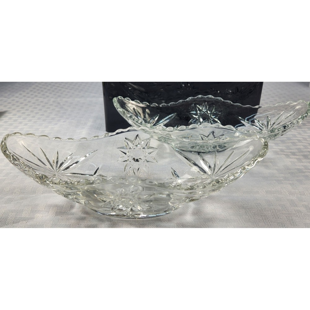 Two Early American Prescut Clear Glass Serving Boats Bowls Star Of David